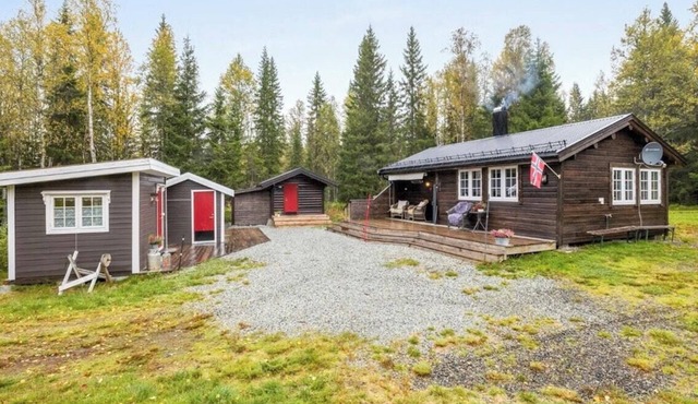 Timber cabin by trout river in Lierne